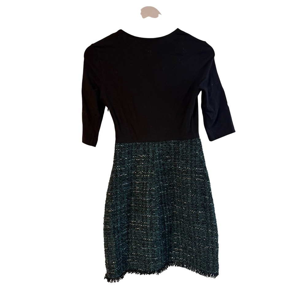 Maje Rizelda Black Green Tweed Mixed Media Dress 3/4 Sleeve Size 34 XS - Picture 6 of 9